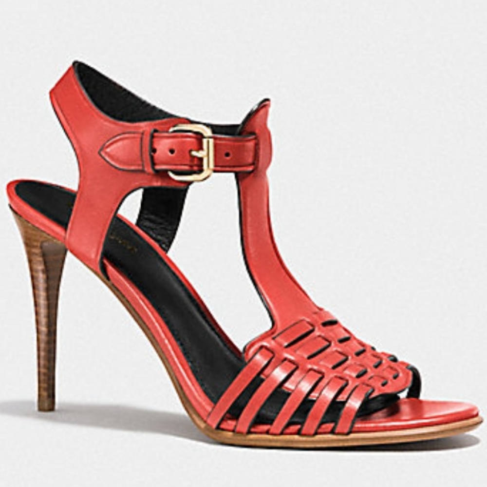 Coach Leather Izzie Red Woven High Heel Sandal Pumps, Size 6